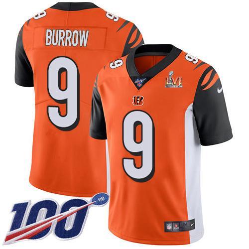 Nike Bengals #9 Joe Burrow Orange Super Bowl LVI Patch Alternate Youth ...